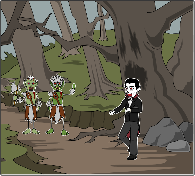 Vampire is blocked in their path by two gobblins.